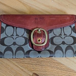 Coach women's canvas wallet with red leather trim